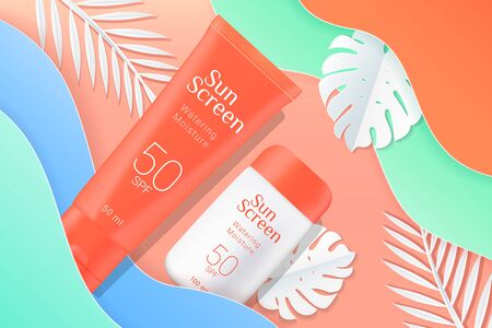 Sunscreen tubes ads template. Cosmetic sunscreen boxes with paper tropical palms leaves and waves background. Orange and white bottles isolated on background. Realistic 3d style. Vector illustration.のイラスト素材