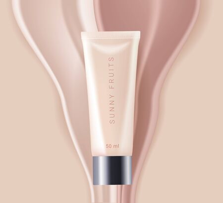 Concealer, foundation cosmetics ads template. Cosmetic bb or cc cream tube with colorful beige drips. Template of packaging for cosmetics product. Premium ads. Beige bottle isolated on background. Realistic 3d style. Vector illustration.のイラスト素材