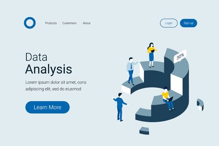 Data analysis, statistics isometric concept. People interacting with charts and analyzing statistics. Trendy flat 3d isometric style. Landing page template. Vector illustration.のイラスト素材