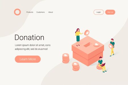 Donation and charity isometric concept. Small people make donations. Trendy flat 3d isometric style. Landing page template. Vector illustration.のイラスト素材
