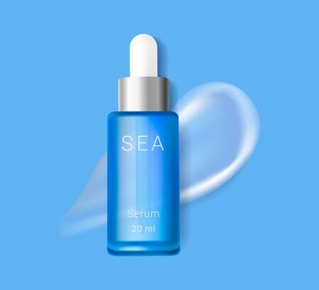 Moisturizing cosmetic essence ads template. Cosmetic box with white transparent smear swatch. Premium ads. Blue bottle isolated on blue background. Realistic 3d style. Vector illustration.のイラスト素材