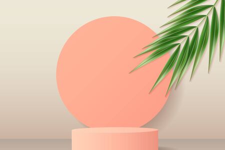 Peach round podium and circles background. Pedestal in pastel colored room with realistic green tropical palm leaf. Realistic 3d style. Vector illustration.のイラスト素材