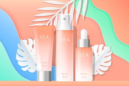 Cosmetics spray and cream tubes ads template. Cream, spray and serum boxes with paper tropical palms leaves and waves background. Gradient orange and white bottles isolated. Realistic 3d style. Vectorのイラスト素材