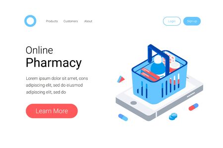 Modern pharmacy and drugstore concept. Supermarket grocery cart with drugs and pills on big smartphone. Trendy flat 3d isometric style. Landing page template. Vector illustration.のイラスト素材