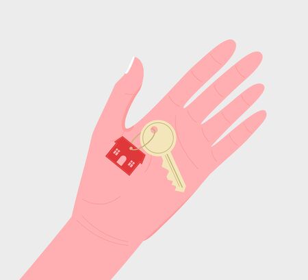 Home rental, real estate investment, home purchase, mortgage, house sitting concept. Hand giving key for house. Trendy flat style. Vector illustration.のイラスト素材
