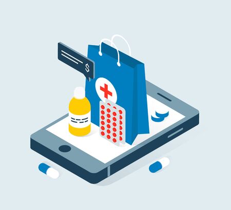 Modern online pharmacy and drugstore concept. Drugs delivery. Pills, capsules and other medicine on big smartphone. Trendy flat 3d isometric style. Vector illustration.のイラスト素材