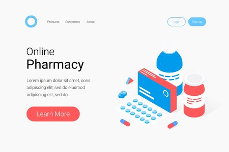 Modern pharmacy and drugstore concept. Medicaments, drugs, pills, capsules and medical staff people. Trendy flat 3d isometric style. Landing page template. Vector illustration.のイラスト素材