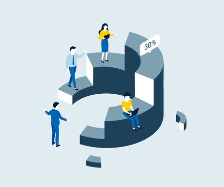 Data analysis, statistics isometric concept. People interacting with charts and analyzing statistics. Trendy flat 3d isometric style. Vector illustration.のイラスト素材