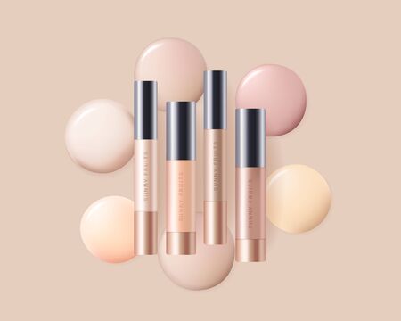 Concealer, foundation cosmetics ads template. Cosmetic bb or cc cream tubes with colorful beige smear swatchs. Template of packaging for cosmetics product. Premium ads. Beige bottles isolated on background. Realistic 3d style. Vector illustration.のイラスト素材