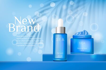 Moisturizing cosmetics ads template. Face mask or cream and essence or serum. Blue bottles isolated on blue background with palm leaves shadow and glitter bokeh elements. Realistic 3d style. Vectorのイラスト素材