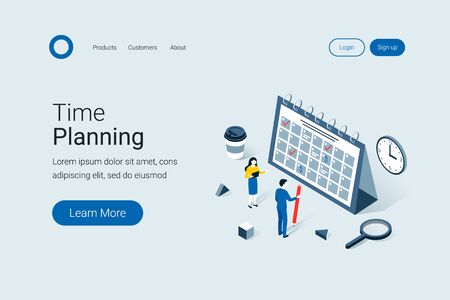Deadline, time planning isometric concept. Time to work. Time management project plan schedule. Trendy flat 3d isometric style. Landing page template. Vector illustration.のイラスト素材