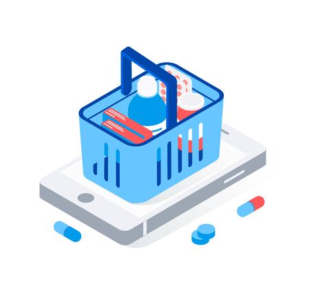 Modern pharmacy and drugstore concept. Supermarket grocery cart with drugs and pills on big smartphone. Trendy flat 3d isometric style. Vector illustration.のイラスト素材