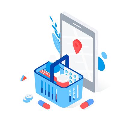 Modern pharmacy and drugstore concept. Supermarket grocery cart with drugs and pills, smartphone with map mark. Trendy flat 3d isometric style. Vector illustration.のイラスト素材