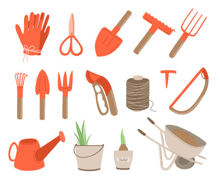 Gardening tools set in hand drawn styleのイラスト素材