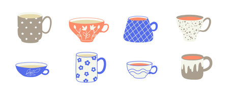 Modern hand drawn tea cups set.のイラスト素材
