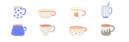 Modern hand drawn tea cups setのイラスト素材