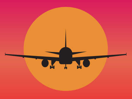 Take off Aeroplane silhouette behind Sun in the sky vector illustrationのイラスト素材
