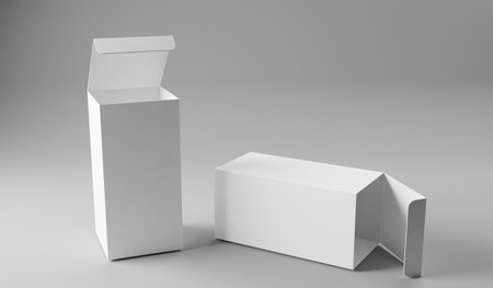 Blank white box mockup, 3D rendering isolated on gray backgroundの写真素材