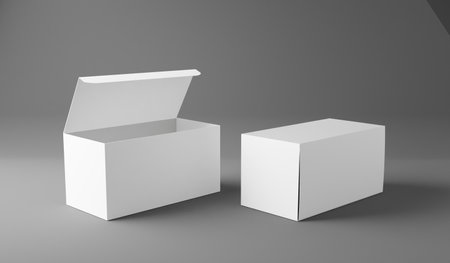 White box mockup, blank box template isolated on grey background, 3D renderingの写真素材