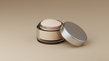 Cosmetic cream jar mockup on beige background. 3D renderingの写真素材