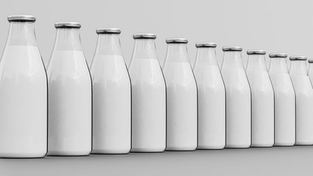 Realistic 3D mockup of milk bottles arranged in a row on a gray background. Perfect for branding, packaging design, and product presentations.の写真素材