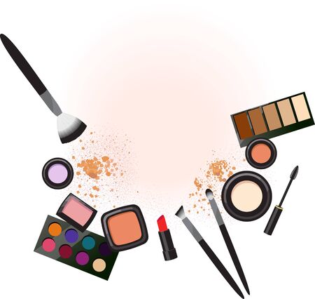 Various makeup products in flatlay arrangement on a soft pink and white background.のイラスト素材