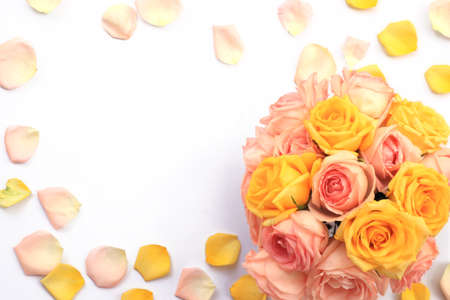 Flower and rose background. yellow and pink roses composition.  Roses and petals isolate on white background. Valentine day concept. Flat lay, top view, copy spaceの写真素材