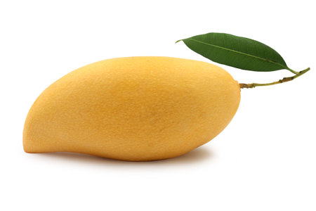 Ripe Mango isolated on white background. Mango with green leaf.の写真素材