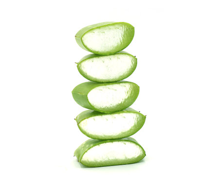 Aloe vera leaves with sliced isolate on white backgroundの写真素材