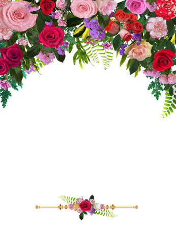Creative Natural Roses flower composition Isolate on the white background. Flowers frames. Roses frame. Border frame made of roses flower. Flower bouquet isolated. Flat lay, top view. Frame of flowers.の写真素材
