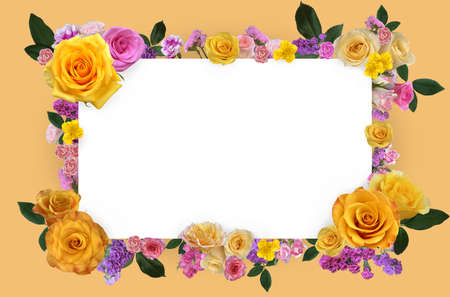 yellow roses border frame. Yellow flowers banner in yellow background. Spring or summer flowers for invitation, wedding, greeting cards,,Birthday and baby cards,invitation,letteringの写真素材