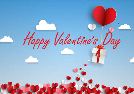illustration of love and valentine day with heart baloon, gift and clouds. Paper cut style. Vector illustration.Vector illustration. Wallpaper, flyers, invitation, posters, brochure, banners.のイラスト素材