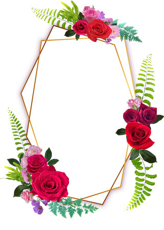Creative Natural Roses flower composition Isolate on the white  background. Flowers frames. Roses frame. Border frame made of roses flower. Flower bouquet isolated. Flat lay, top view. Frame of flowers.の写真素材
