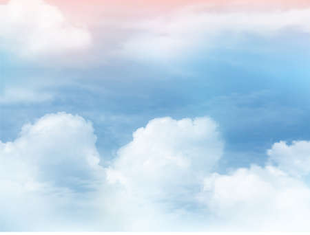 Clear blue sky and white cloud detail in background with pink light.The summer heaven with colorful clearing sky. Sky Nature Landscape Background.Romance Sky clouds  sunset nature.Vector illustration.のイラスト素材