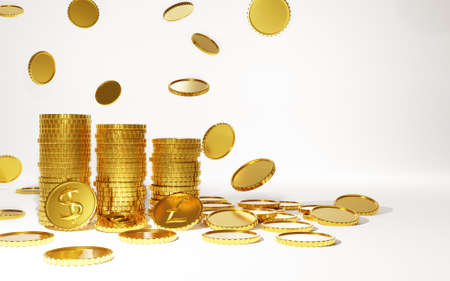 Falling coins, falling money, flying gold coins, golden rain. gold coins drop. Gold coin stacks with dollar,pound,euro  sign.Stack of golden coins on white background with earning profit concept.の写真素材
