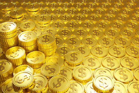 Stack of gold coins. 3d coin stack.  Stack of golden dollar coins. 3d realistic  coins. 3D...