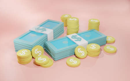 Bundles cash and stack dollar coins  on pink background. Minimal  style money dollar cash icon. Economy,finance,rich,treasure sign 3D render.  3d render illustrationの写真素材