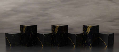 3D render podium made of black marble with gold texture cube.  Mock up for the exhibitions, presentation of products, promotion sale,therapy, relaxation,health,banner,discount,cosmetic. 3D rendering.の写真素材