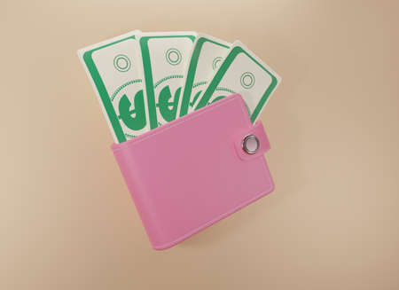 Pink leather wallet with dollars Banknote. 3d render with pink purse and cash on beige backgroung. 3D rendering style. Business and money-saving, cashless society concept.の写真素材