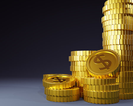 3d coin stack.  Stack of golden dollar coin like income graph. 3d realistic coins isolated on dark blue background. 3D renderingの写真素材