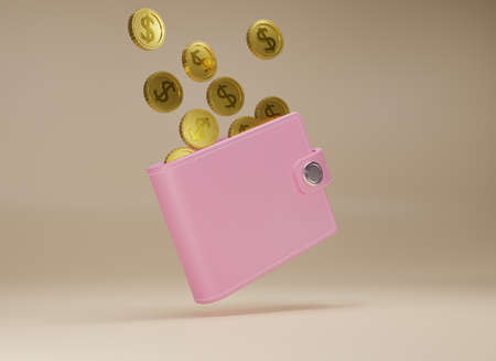 3d rendering Wallet and gold coins on beige background. Falling  coins and pink purse. Cashless society concept. Growth, income, savings, investment. Symbol of wealth. Business success. 3d render.の写真素材