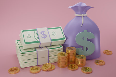 Bundles cash, stack dollar coins and money bag  on pink background. Minimal  style money dollar cash...