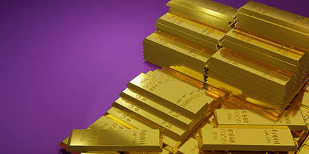 Stack of Pure gold bars on purple background with space for text. Stacked fine gold bars 1000g. Gold bars and Financial concept, copy space. 3d rendering.の写真素材