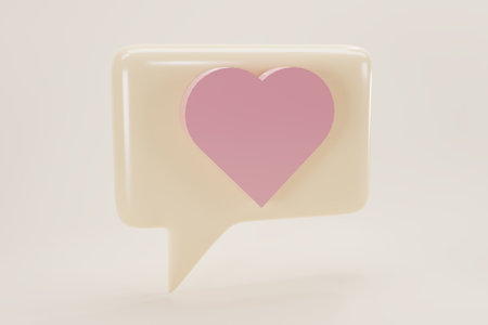 Minimal heart or love chat bubble. Contact us or chat  icon 3D in beige background. Concept of communication, social media messages, SMS, comments. 3d renderingの写真素材