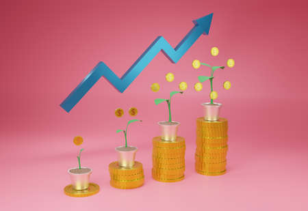 3d coin stack icons.  Stack of golden dollar coin like income graph with growing tree. 3d realistic coins isolated on white background. coins icon.の写真素材