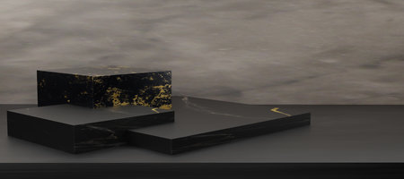 3D render podium made of black marble with gold texture cube.  Mock up for the exhibitions, presentation of products, promotion sale,therapy, relaxation,health,banner,discount,cosmetic. 3D rendering.の写真素材
