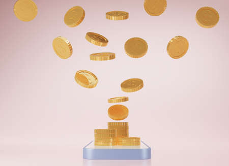 3D rendering Smartphone with gold coins  isolate on pink background. Concept for modern mobile It technology for business online in internet. Online payment, Income, savings, investment, 3d renderingの写真素材