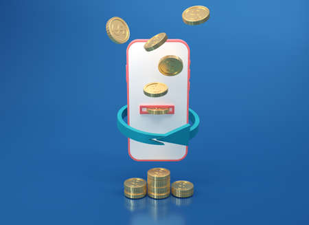 3D render cash back icon with gold coin and smart phone isolate on blue background. cashback or...