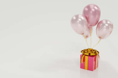 Pink Balloons and gift box with gold ribbon for Celebrations with Space for texts Isolated on white Background. Minimal idea creative for birthday, party, christmas newyear concept. 3D rendering.の写真素材