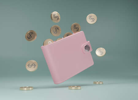 3d rendering pink wallet and floating coins around on green background. Falling  coins and pink purse. Cashless society concept. Growth, income, savings, investment. Symbol of wealth. 3d render.の写真素材